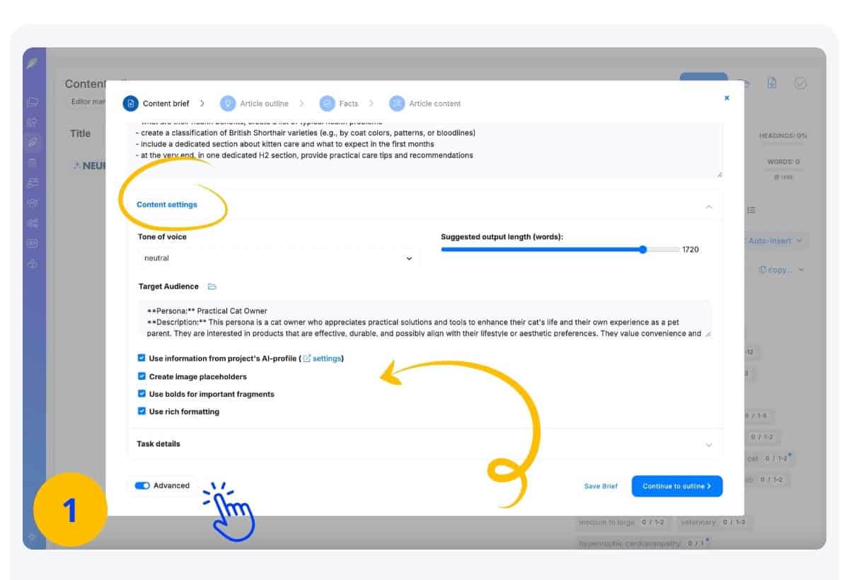 Content designer Advanced Settings