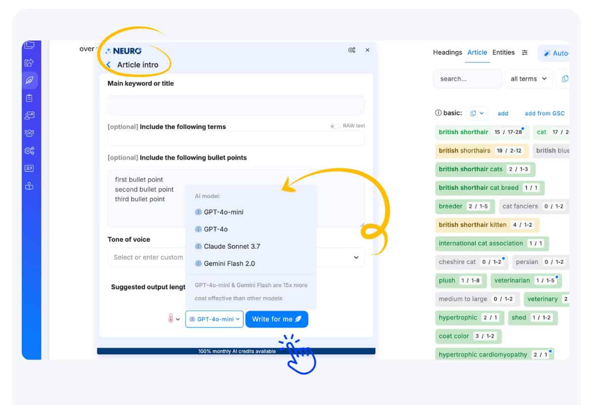 Available AI models in Neuronwriter