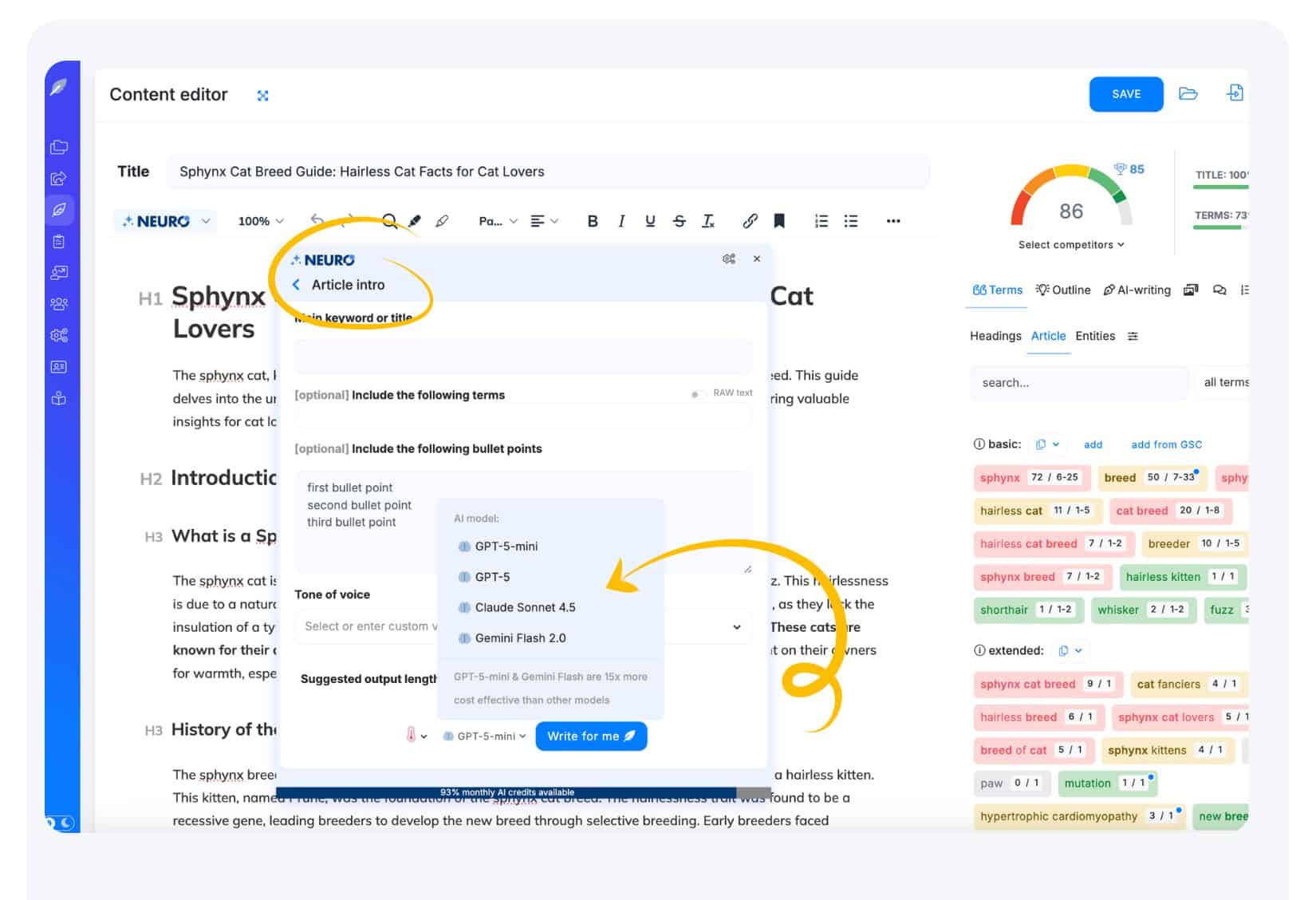 AI models in Neuronwriter
