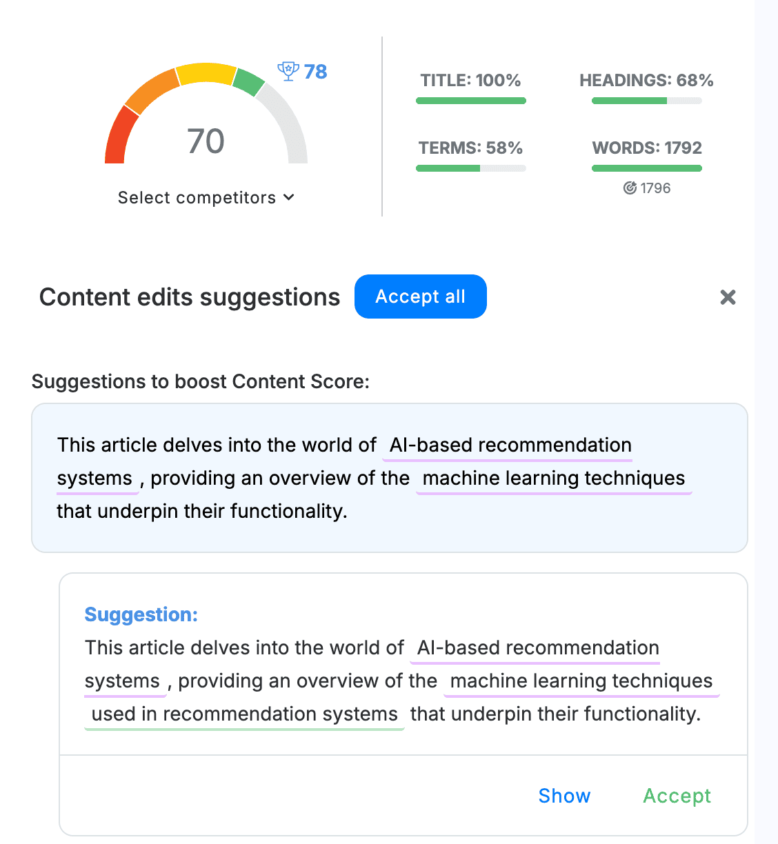 Selecting relevant competitors for SERP analysis within the NeuronWriter platform.