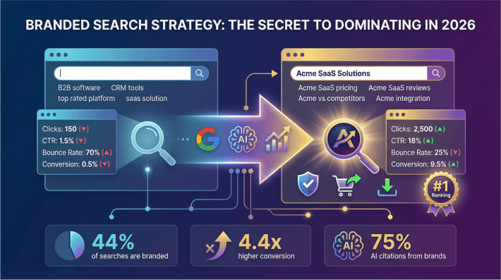 Branded search strategy comparison showing higher conversion rates and AI citations for branded queries vs non-branded searches in 2026