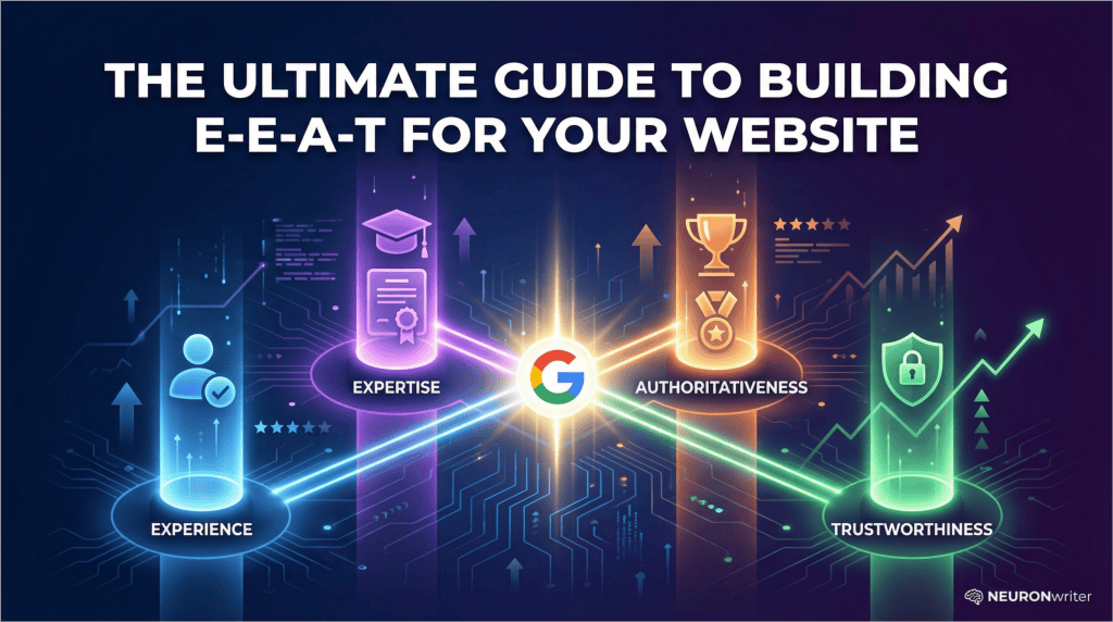 The Ultimate Guide to Building E-E-A-T showing four pillars - Experience, Expertise, Authoritativeness, Trustworthiness - connected by Google logo