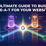 The Ultimate Guide to Building E-E-A-T showing four pillars - Experience, Expertise, Authoritativeness, Trustworthiness - connected by Google logo