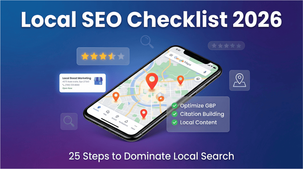 Local SEO checklist 2026 guide showing Google Maps, location pins, reviews, and GBP optimization steps