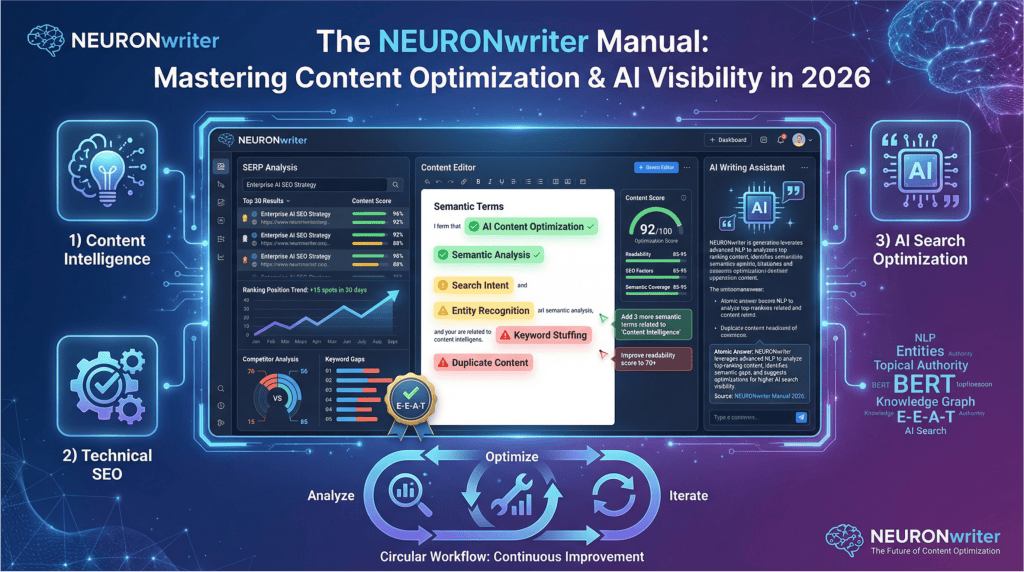 NEURONwriter Manual showing content optimization and AI visibility framework with SERP analysis, content editor, and AI writing assistant for mastering organic search in 2026