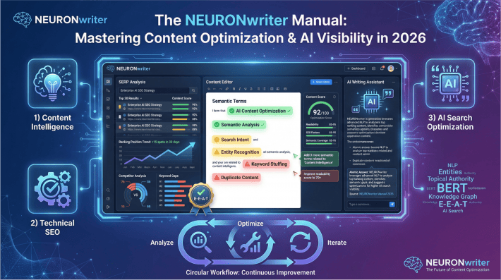 NEURONwriter Manual showing content optimization and AI visibility framework with SERP analysis, content editor, and AI writing assistant for mastering organic search in 2026