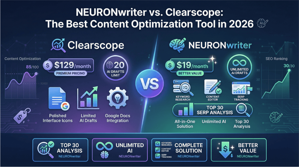 Comparison table of NEURONwriter vs Clearscope content optimization tools showing features, pricing, and capabilities for content teams in 2026