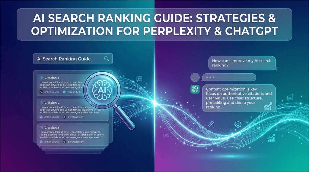 How to rank in Perplexity and get cited by ChatGPT guide showing AI search interfaces