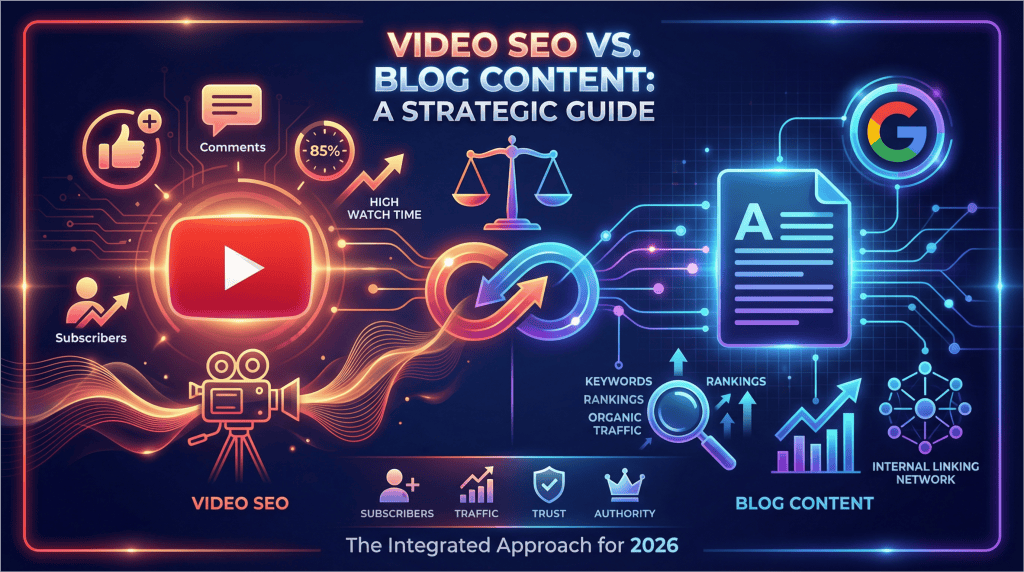 Video SEO vs blog content comparison showing YouTube play button and document icon with integration symbol and strategic approach for 2026