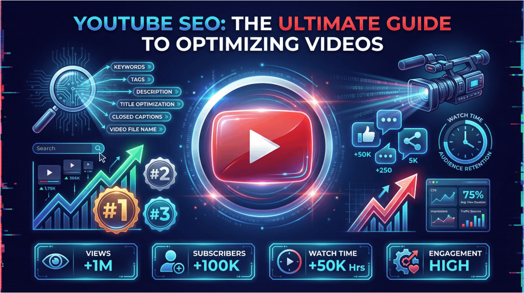 YouTube SEO ultimate guide showing YouTube play button surrounded by SEO elements including keywords, analytics, rankings, and engagement metrics