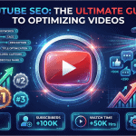 YouTube SEO ultimate guide showing YouTube play button surrounded by SEO elements including keywords, analytics, rankings, and engagement metrics