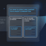 Content structure for AI agents infographic showing five steps — clear headings, schema labels, clean text version, separated instructions, and descriptive URL — with a friendly AI assistant reading a well-organized document on a dark background