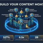 Content moat strategy diagram showing 5 pillars of defensible SEO rankings in AI era