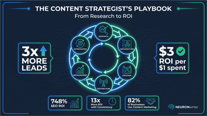 Content strategist's playbook 6-phase framework from research to ROI diagram