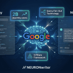 Google AI Mode optimization diagram showing Old Way traditional blue link search results versus New Way conversational AI cited answer with 2 billion monthly users stat Query Fan-Out Technology label and 5 Pillars Framework badge centered on Google AI brain visual with NEURONwriter logo