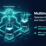 Multimodal SEO diagram showing three pillars Text Image Voice connected to AI Search Engine with statistics 73 percent visual search and 30 percent voice search