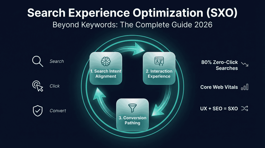 Search experience optimization SXO diagram showing three pillars search intent alignment interaction experience conversion pathing in a cycle