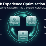Search experience optimization SXO diagram showing three pillars search intent alignment interaction experience conversion pathing in a cycle