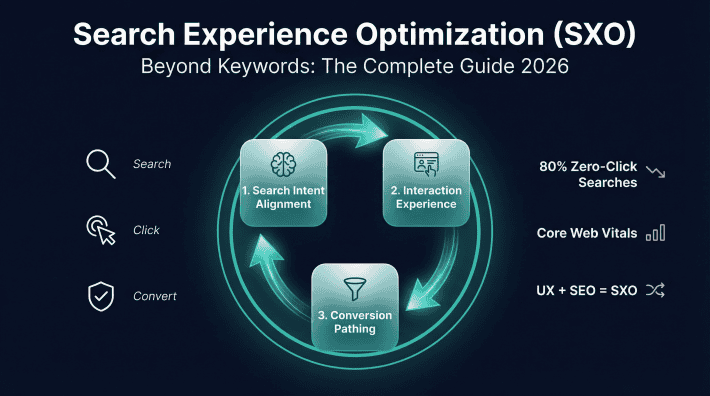 Search experience optimization SXO diagram showing three pillars search intent alignment interaction experience conversion pathing in a cycle