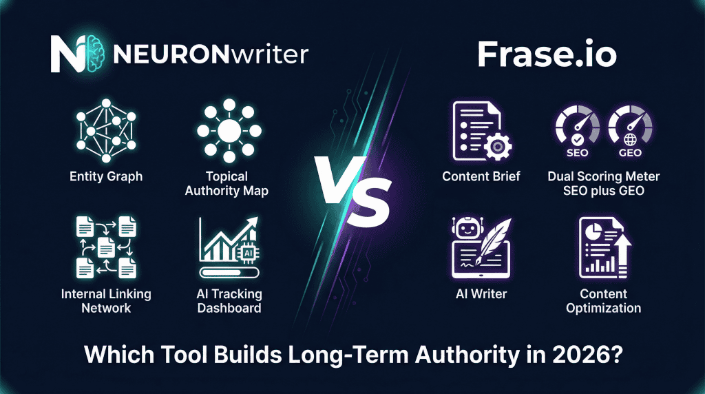 NEURONwriter vs Frase.io comparison showing features entity graph topical authority AI tracking versus content brief dual scoring