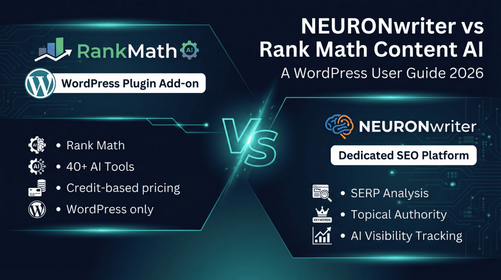 NEURONwriter vs Rank Math Content AI comparison split-screen showing WordPress plugin add-on versus dedicated SEO platform with SERP analysis topical authority and AI visibility tracking