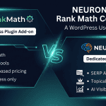 NEURONwriter vs Rank Math Content AI comparison split-screen showing WordPress plugin add-on versus dedicated SEO platform with SERP analysis topical authority and AI visibility tracking