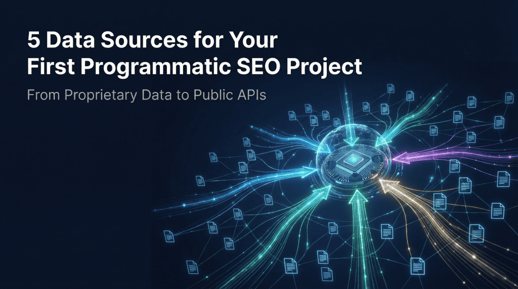 An abstract, high-tech image showing five distinct, glowing data streams (representing the 5 data sources) flowing from different points into a central processing core, which then builds a structured web of pages. The style is dark, clean, and futuristic.