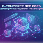 E-commerce SEO 2026 — glowing shopping cart integrating into an AI neural network representing product page optimization for AI answer engines