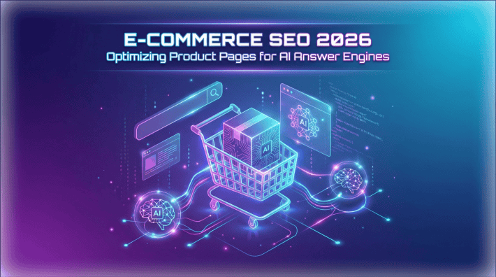 E-commerce SEO 2026 — glowing shopping cart integrating into an AI neural network representing product page optimization for AI answer engines