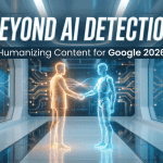 Human and AI robot shaking hands — humanizing AI content for Google's 2026 quality standards