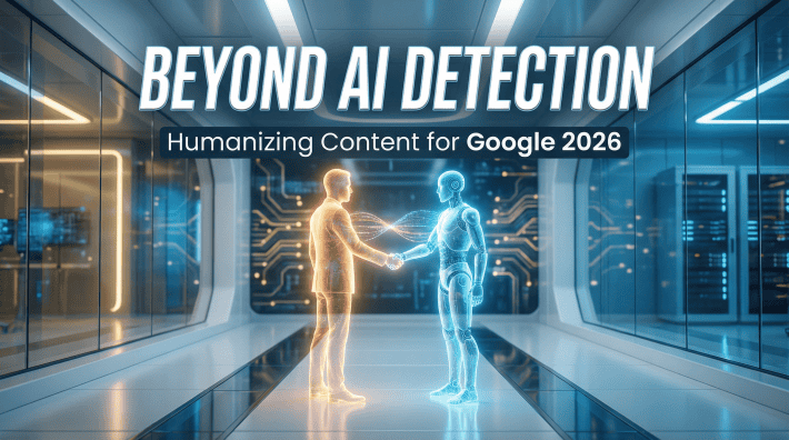 Human and AI robot shaking hands — humanizing AI content for Google's 2026 quality standards