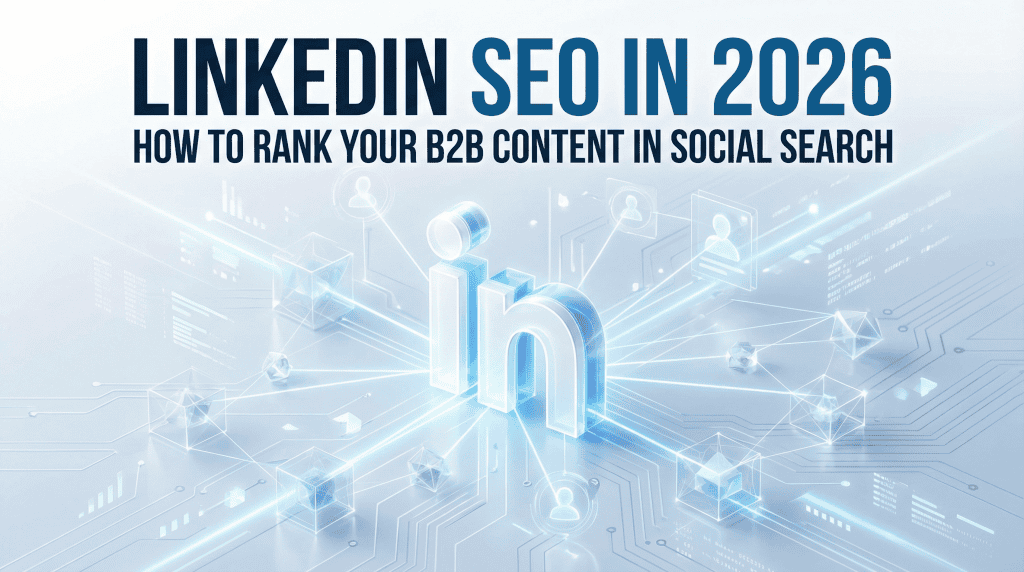 LinkedIn SEO in 2026 — LinkedIn logo connected to a B2B professional network representing social search ranking and algorithm optimization
