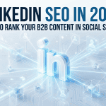 LinkedIn SEO in 2026 — LinkedIn logo connected to a B2B professional network representing social search ranking and algorithm optimization