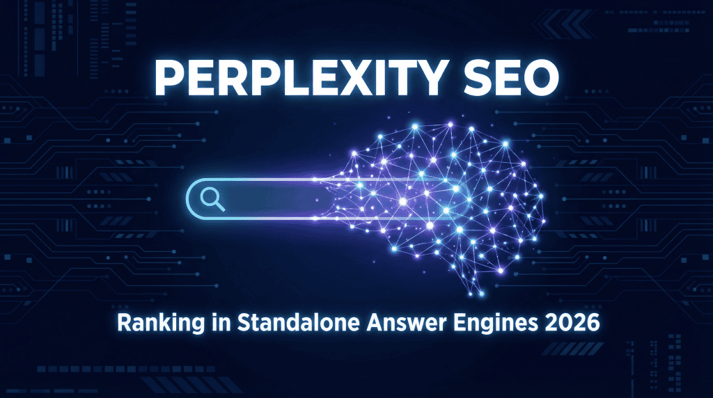 Perplexity SEO — glowing search bar morphing into a neural network representing AI citation ranking in 2026
