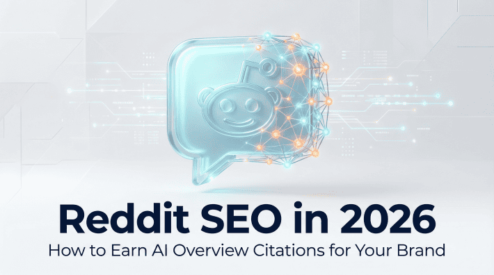 Reddit SEO in 2026 — Reddit mascot morphing into an AI neural network representing how Reddit conversations earn Google AI Overview citations for brands