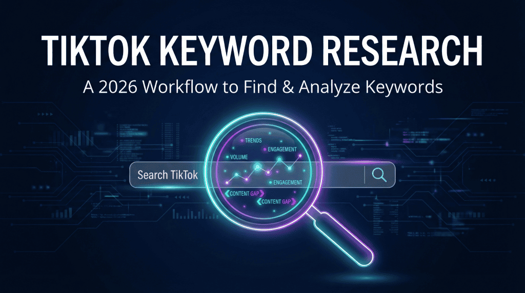 A digital magnifying glass hovering over a glowing TikTok search bar, revealing hidden data metrics and content gaps in a futuristic interface