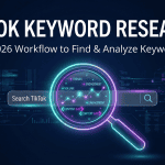 A digital magnifying glass hovering over a glowing TikTok search bar, revealing hidden data metrics and content gaps in a futuristic interface