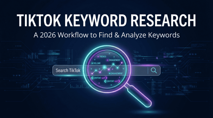 A digital magnifying glass hovering over a glowing TikTok search bar, revealing hidden data metrics and content gaps in a futuristic interface