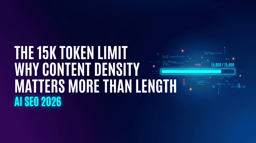 A minimalist illustration of a glowing 15k token limit representing content density in AI SEO.