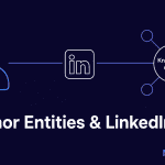 A conceptual illustration of a LinkedIn profile connected via glowing nodes to a Google Knowledge Graph, representing an author entity.