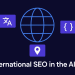 A minimalist flat illustration of a globe in electric blue connected to three floating cards representing language tags, schema markup, and location pins — symbolizing international SEO entity localization in the AI era.
