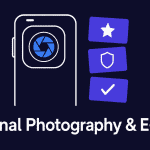 A minimalist flat illustration of a smartphone with a camera lens icon, surrounded by three floating cards showing a star, a shield, and a checkmark — representing authenticity, trust, and E-E-A-T signals in SEO.