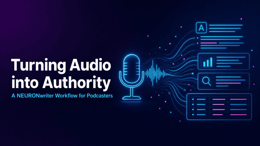 A minimalist illustration of sound waves transforming into structured text blocks and SEO metrics.