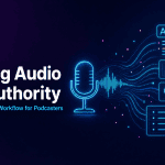 A minimalist illustration of sound waves transforming into structured text blocks and SEO metrics.