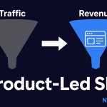 A minimalist illustration showing a traffic chart being replaced by a product-led revenue chart.