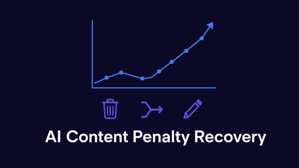 A minimalist flat illustration of an upward-trending line chart in electric blue on a dark navy background, with three icons below representing prune (trash bin), merge (converging arrows), and rewrite (pencil) — symbolizing the three-stage AI content penalty recovery strategy in 2026.