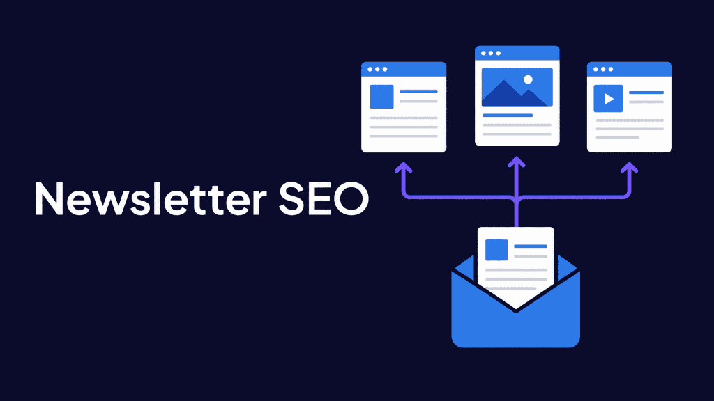 Flat minimalist illustration on dark navy background showing an email envelope in electric blue with three web page cards connected by violet arrows, representing newsletter content being transformed into SEO-optimized web pages. Text reads: Newsletter SEO.