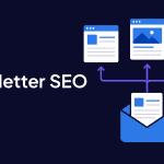 Flat minimalist illustration on dark navy background showing an email envelope in electric blue with three web page cards connected by violet arrows, representing newsletter content being transformed into SEO-optimized web pages. Text reads: Newsletter SEO.