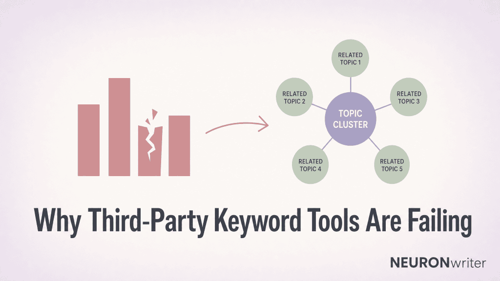 A conceptual illustration of a broken keyword volume chart transitioning into a glowing semantic topic map.