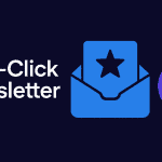 Flat minimalist illustration on dark navy background showing an open email envelope in electric blue with a star icon, and a crossed-out cursor icon in violet beside it, representing zero-click email content. Text reads: Zero-Click Newsletter.
